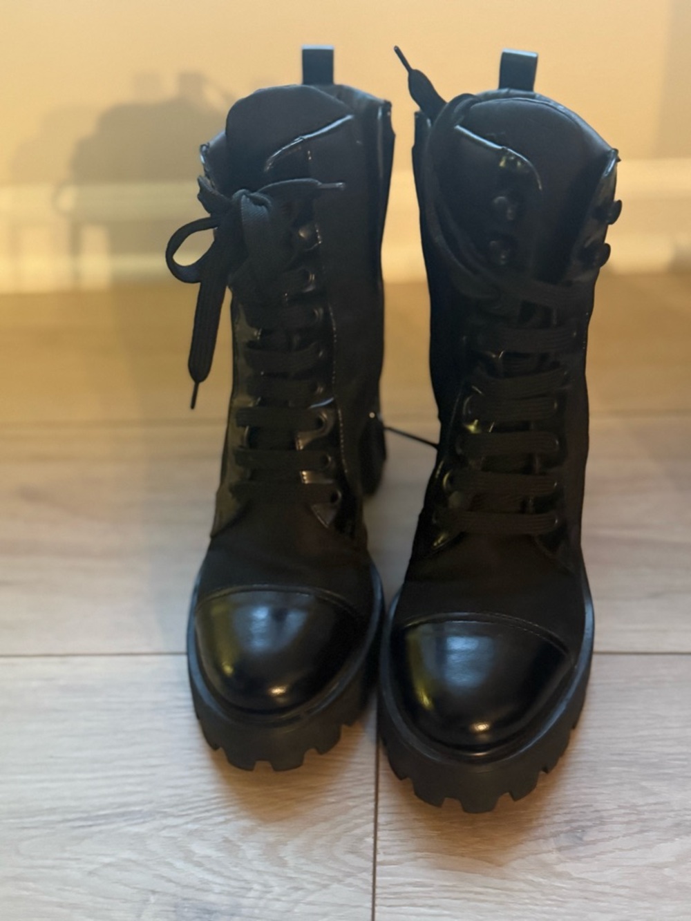 Prada Black Lace-Up Lug Sole Ankle Boots